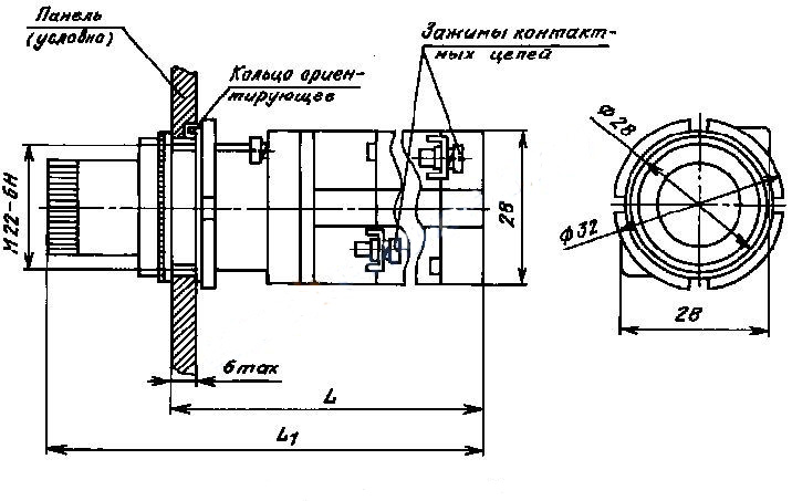 Схема габаритных размеров кнопки КМЕ-4512, КМЕ-4513